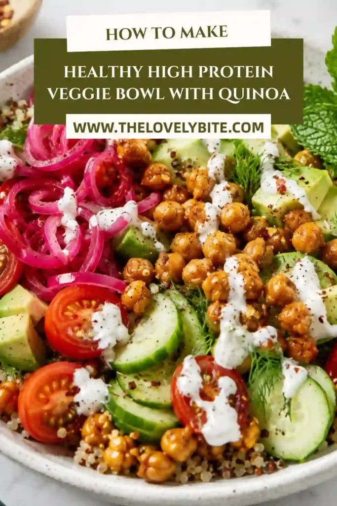 A colorful high protein veggie bowl with quinoa topped with roasted chickpeas, avocado, cucumbers, cherry tomatoes, and fresh herbs. The bowl is finished with creamy garlic yogurt sauce.
