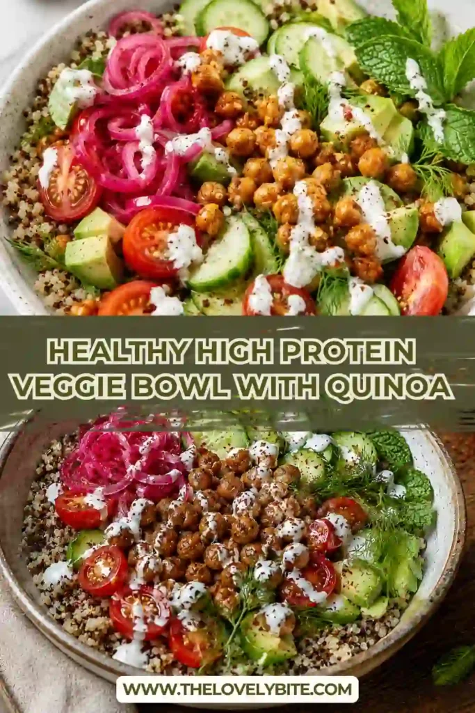 Healthy quinoa bowl filled with roasted chickpeas, cucumbers, tomatoes, avocado, and pickled onions. Fresh herbs and yogurt sauce add a flavorful finishing touch.