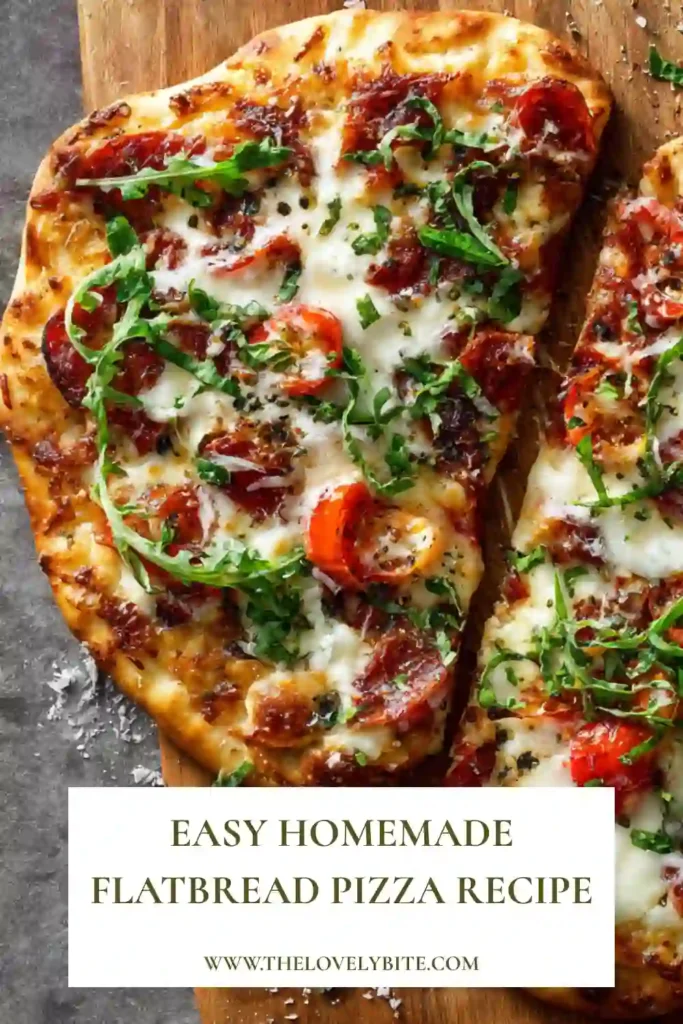 Homemade flatbread pizza served warm on a wooden board with fresh toppings. This easy pizza recipe features a thin, golden crust and melted cheese.