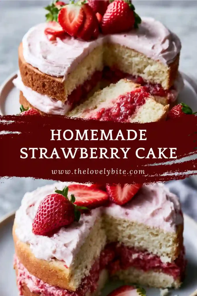 Elegant Homemade Strawberry Cake topped with fresh strawberries and strawberry cream cheese frosting.