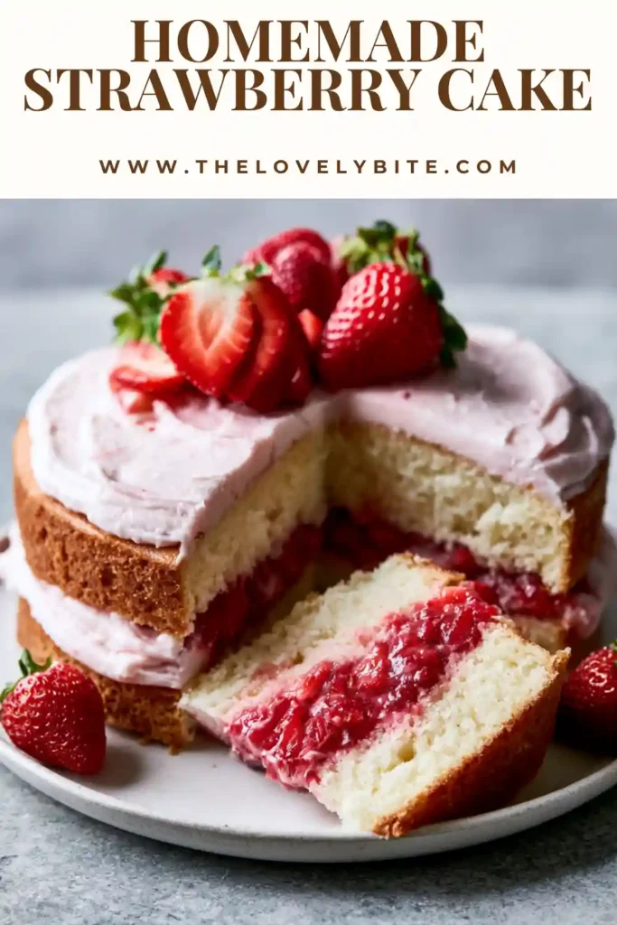 Slice of Homemade Strawberry Cake showing moist pink cake layers and rich strawberry cream cheese frosting.