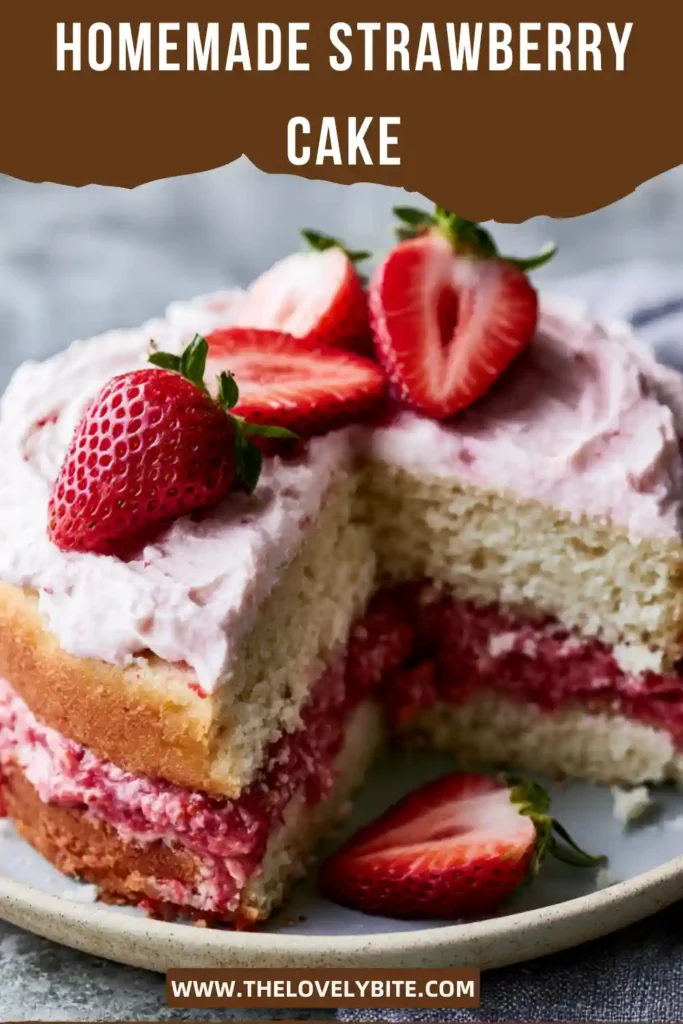 Homemade Strawberry Cake layered with strawberry cream cheese frosting and decorated with fresh strawberries.