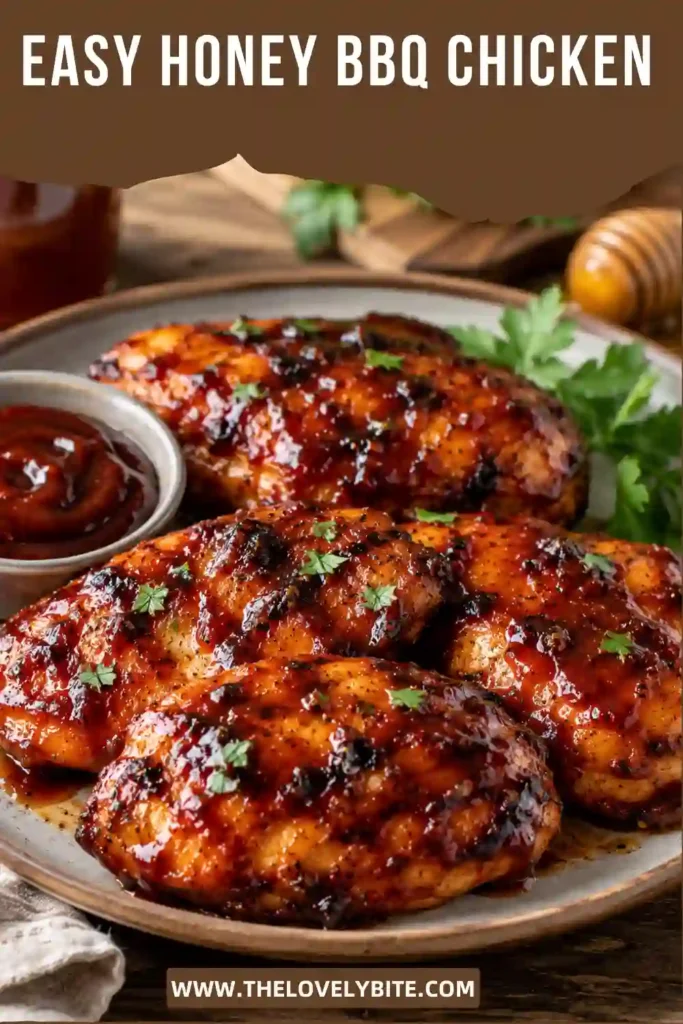 Close-up of grilled Honey BBQ Chicken thighs brushed with thick homemade barbecue sauce and served fresh from the grill. Perfect for summer cookouts.