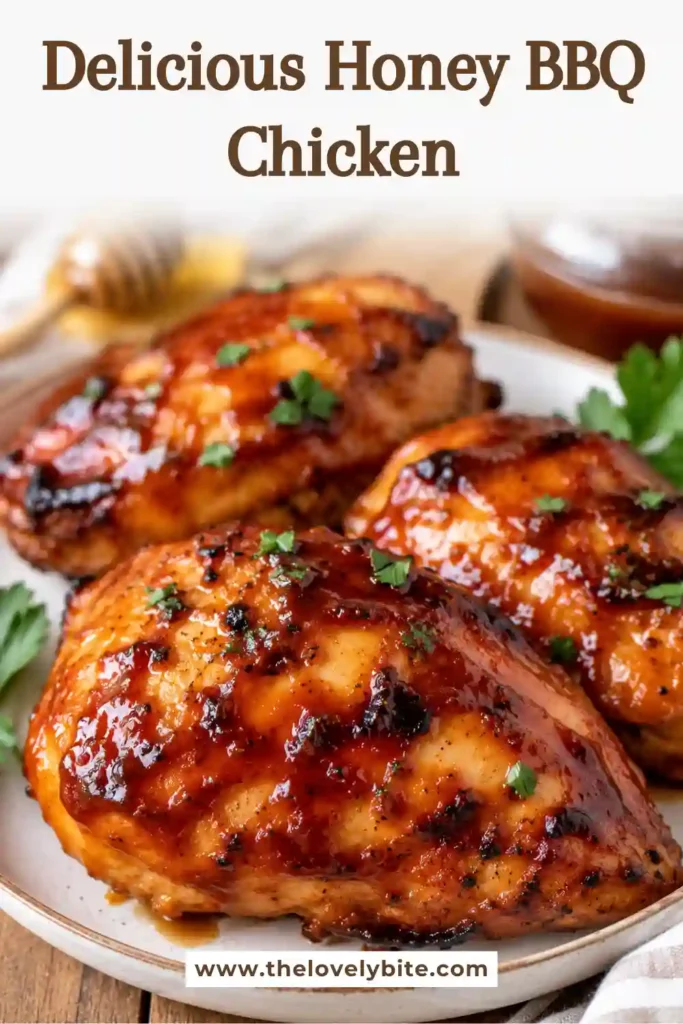 Homemade Honey BBQ Chicken served with extra barbecue sauce and fresh herbs. Tender grilled chicken with sweet and smoky flavors.