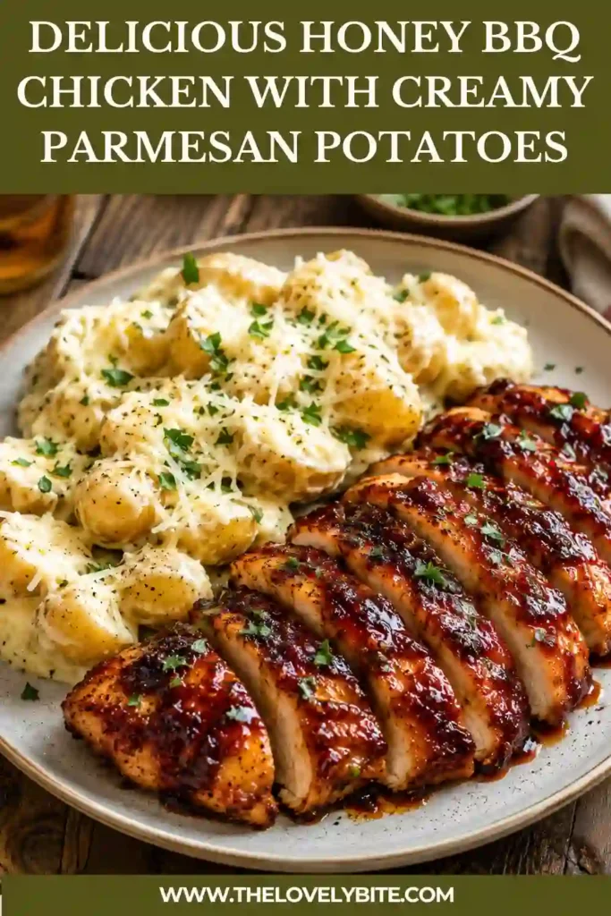 A baking dish filled with honey BBQ chicken thighs resting on layers of creamy garlic Parmesan potatoes. The chicken is caramelized and golden while the potatoes are rich, cheesy, and tender.