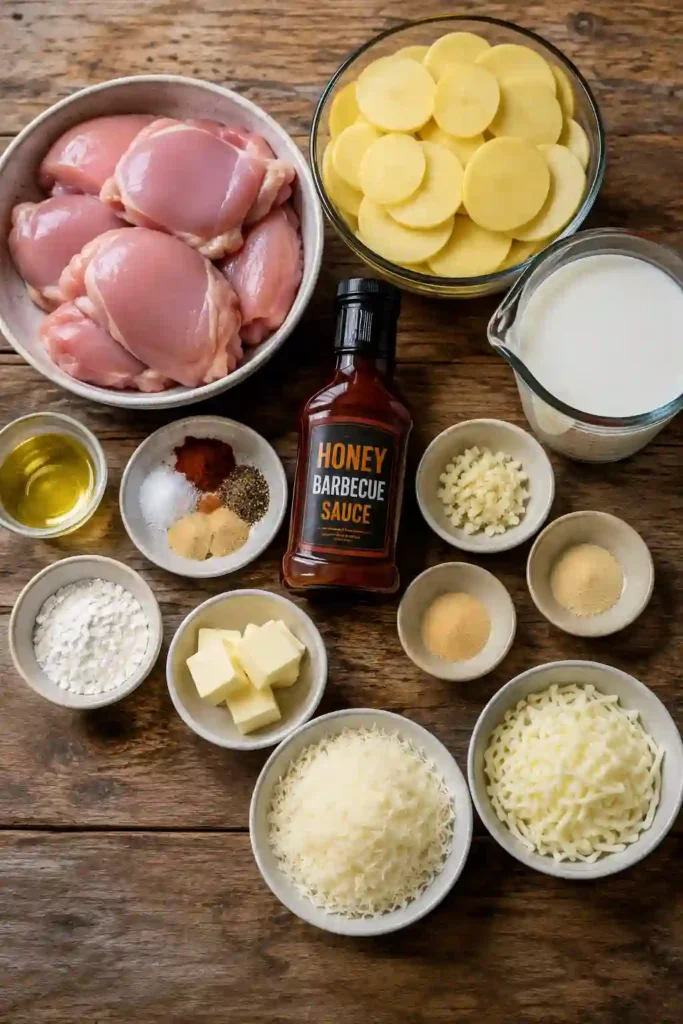 Freshly baked honey BBQ chicken and creamy Parmesan potatoes served hot from the oven. The dish features golden cheese, tender potatoes, and juicy chicken thighs.