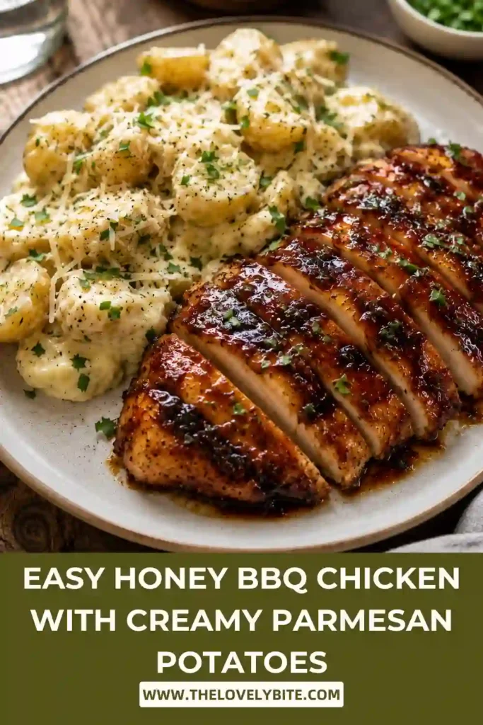 Close-up of juicy honey BBQ chicken with cheesy garlic potatoes baked until bubbly and golden. The dish features tender chicken and creamy layers of Yukon gold potatoes.