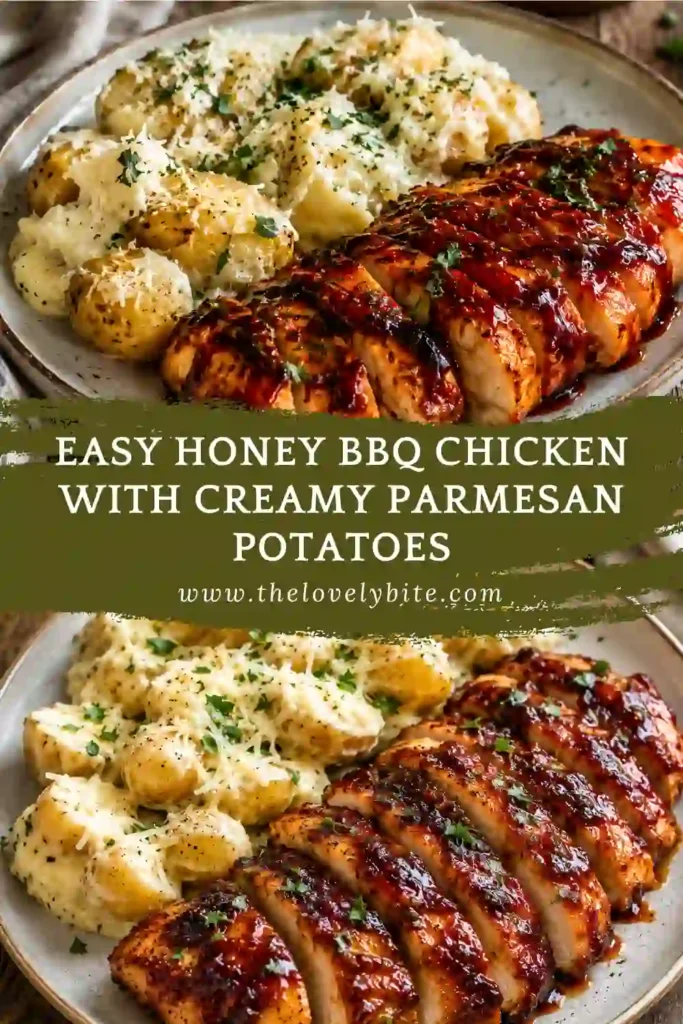 Honey barbecue chicken thighs baked with creamy garlic Parmesan potato slices in a casserole dish. The potatoes are coated in a rich cheese sauce and baked until tender.