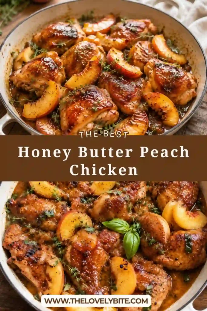 A skillet of Honey Butter Peach Chicken with golden chicken thighs and fresh peach slices in a glossy honey butter sauce. Fresh thyme and basil add color and flavor to this sweet and savory dinner.