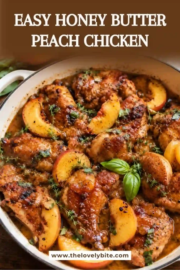 Honey Butter Peach Chicken baked in a cast-iron skillet with caramelized peaches and fresh thyme. The chicken is juicy, golden, and coated in a buttery honey glaze.