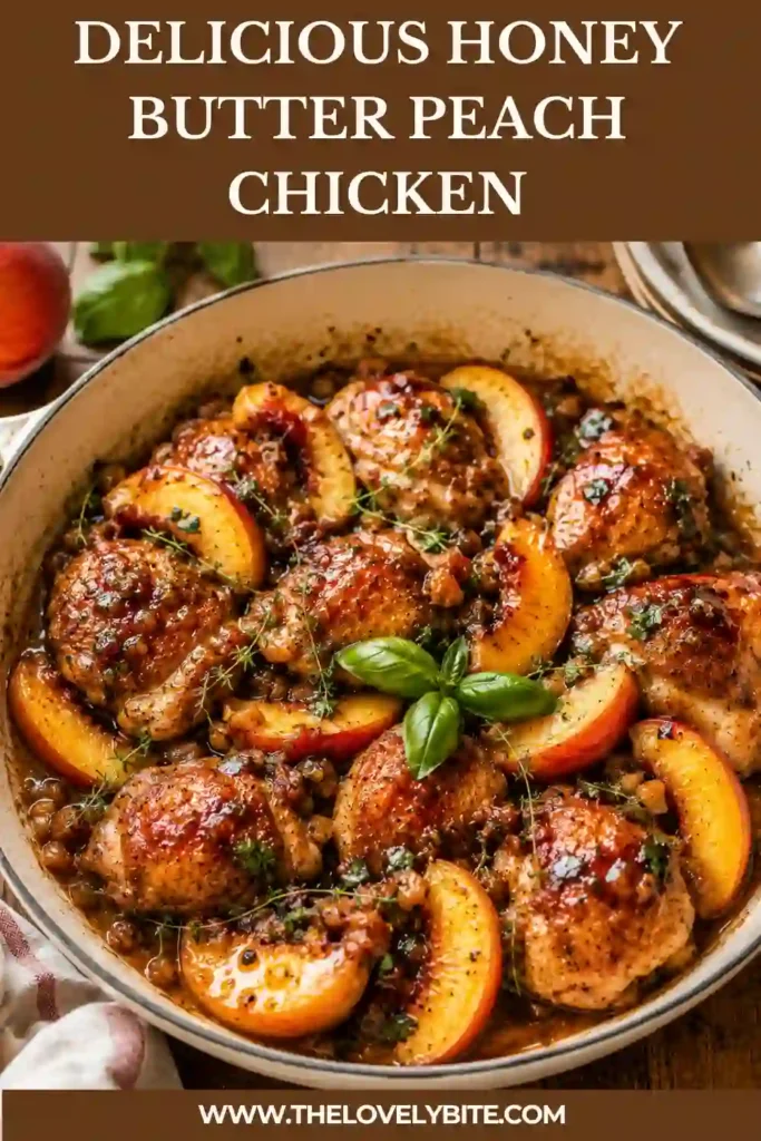 Close-up view of Honey Butter Peach Chicken served with peaches, basil, and thyme. The glossy sauce highlights the rich texture of the chicken and fruit.
