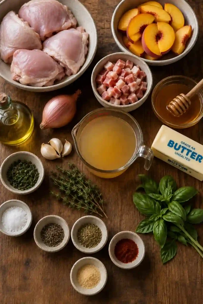 A rustic serving of Honey Butter Peach Chicken garnished with basil and thyme. Golden chicken thighs rest among tender peach slices in a flavorful sauce.