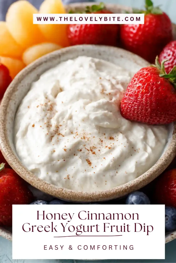 Healthy Honey Cinnamon Greek Yogurt Fruit Dip served on a snack platter with pineapple chunks, grapes, strawberries, and banana slices.