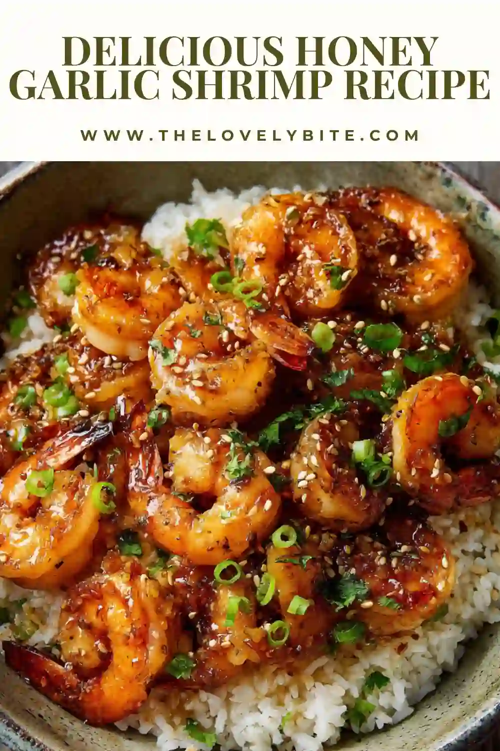 A skillet filled with Honey Garlic Shrimp coated in a glossy sweet and savory sauce. Fresh green onions add color and flavor to this quick seafood dinner.