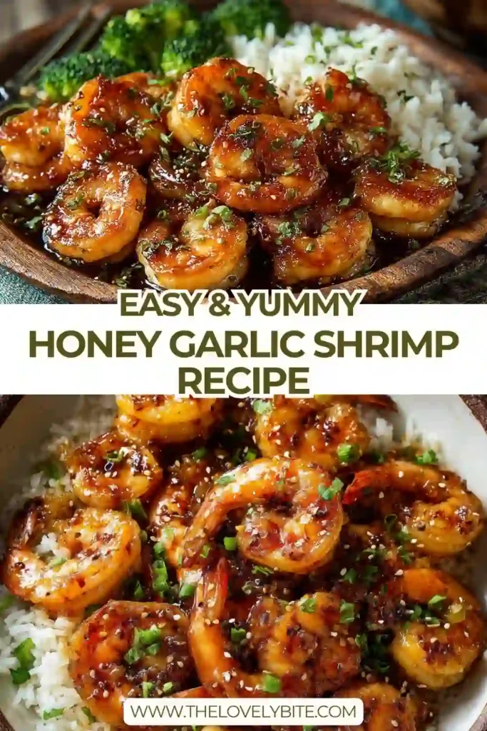 Close-up of Honey Garlic Shrimp served over rice with green onions and extra sauce. The shrimp are juicy, flavorful, and coated in a delicious honey soy glaze.