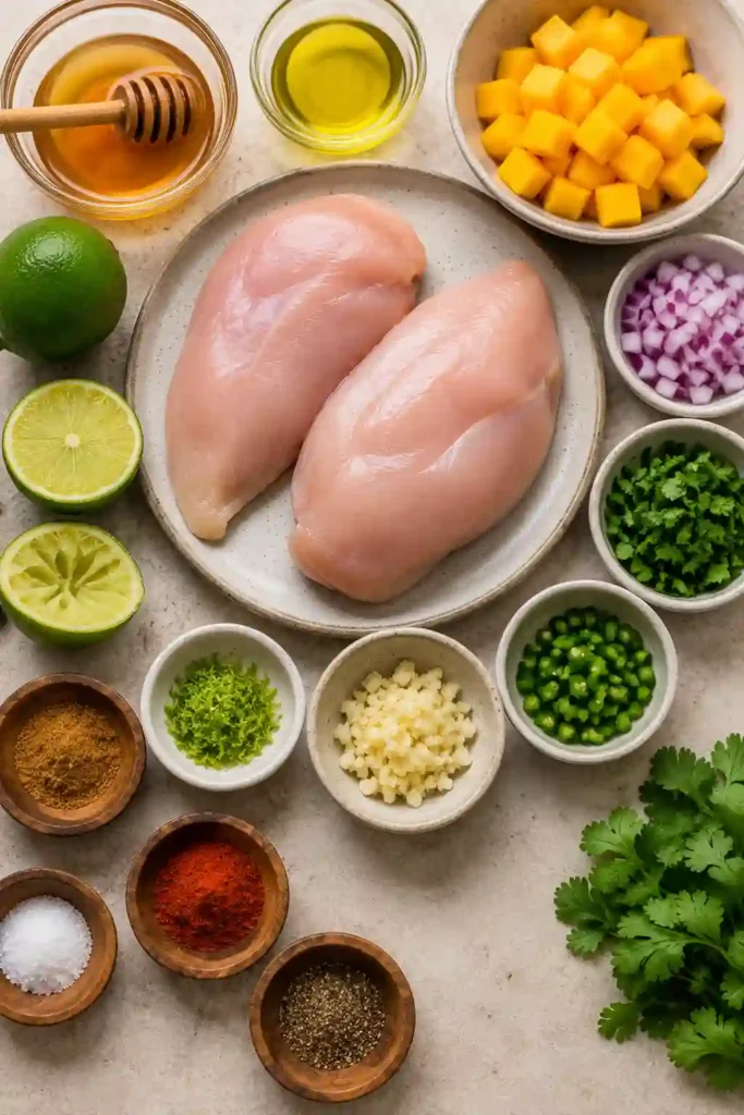 A plate of honey lime chicken topped with fresh mango salsa and lime wedges. The juicy grilled chicken is paired with sweet mango, cilantro, and red onion for a colorful tropical dinner.
