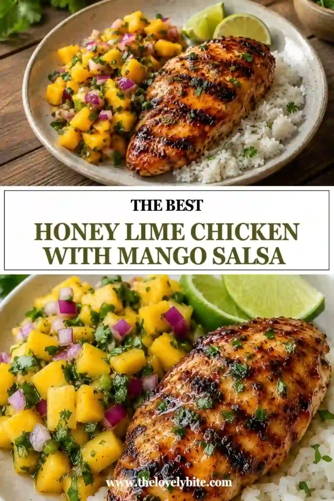 Freshly grilled honey lime chicken sliced and served over rice with homemade mango salsa. Bright citrus flavors and colorful ingredients create an appealing healthy meal.