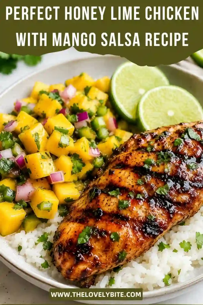 Honey lime chicken breast served alongside mango salsa made with ripe mangoes, cilantro, and red onion. This healthy chicken dinner is colorful, flavorful, and easy to prepare.