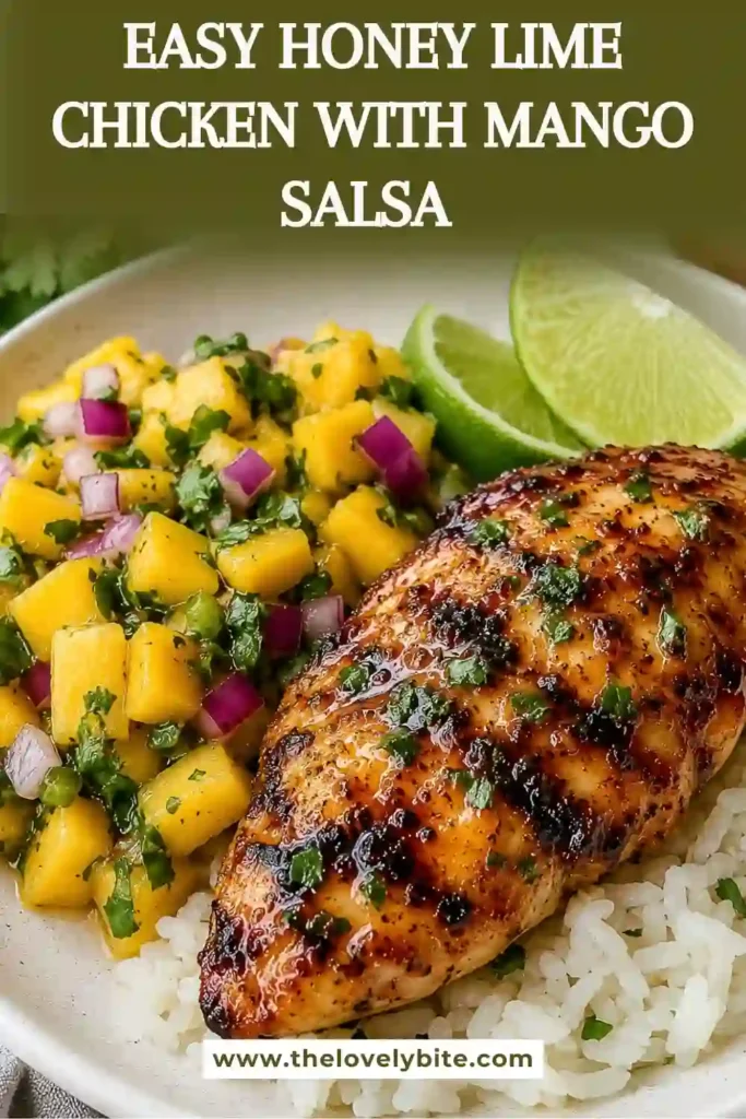 Close-up view of sliced honey lime chicken topped with homemade mango salsa and served with lime wedges. The dish features tropical flavors and a healthy presentation.
