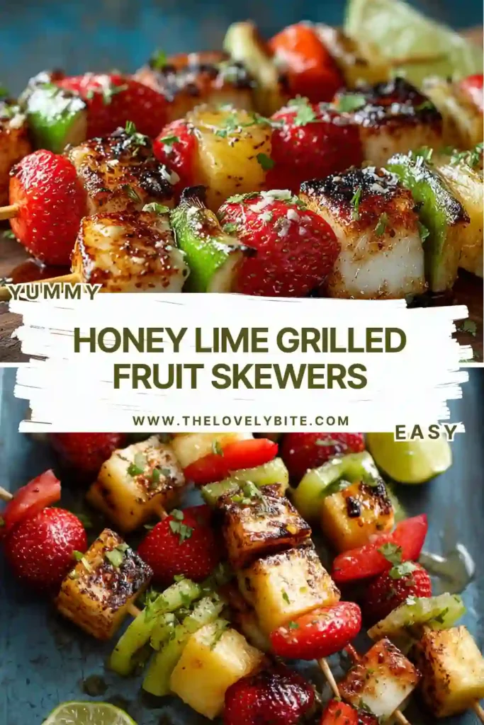 Colorful grilled fruit skewers made with fresh tropical fruit and finished with honey and lime juice. A healthy summer dessert perfect for outdoor entertaining.
