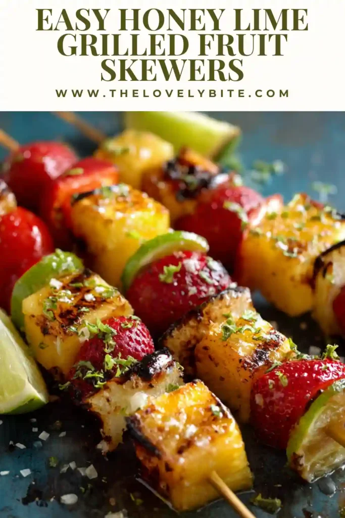 Fresh fruit kebabs grilling over medium-high heat with visible grill marks and a cinnamon coating. The honey-lime glaze adds a glossy finish and vibrant flavor.