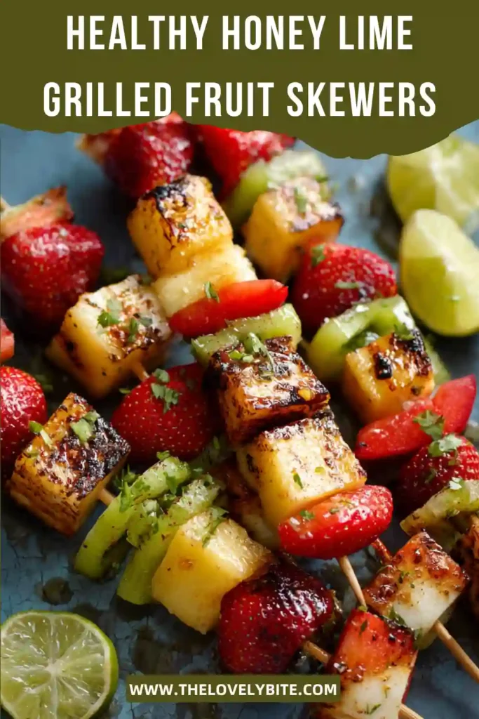 Healthy Honey Lime Grilled Fruit Skewers served warm with caramelized edges and bright seasonal fruits. A refreshing and easy grilled dessert recipe.