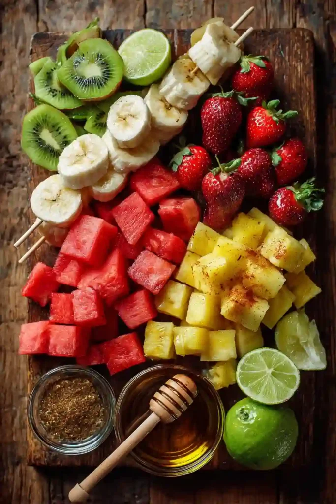 Honey Lime Grilled Fruit Skewers featuring pineapple, strawberries, kiwi, mango, bananas, and watermelon on a grill. The fruit is lightly caramelized and brushed with a sweet honey-lime glaze.
