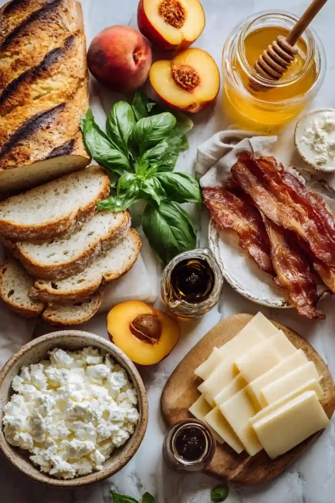 Homemade Honey Peach White Cheddar Grilled Cheese with crispy bread and juicy peach slices.