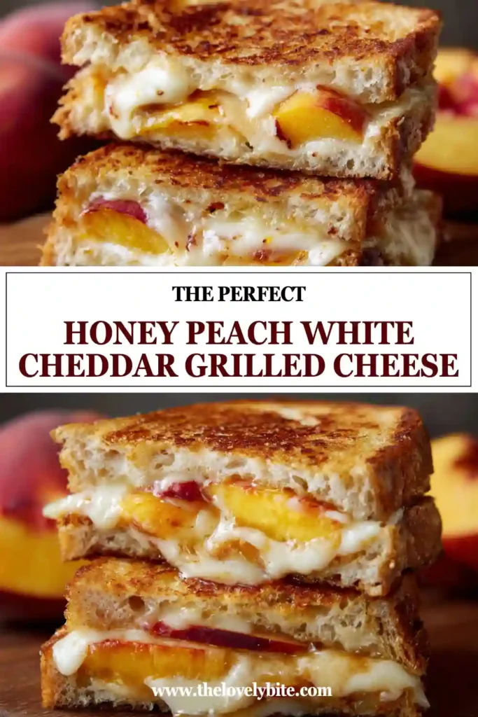 Honey Peach White Cheddar Grilled Cheese sandwich with melted cheese, fresh peaches, and golden toasted bread.