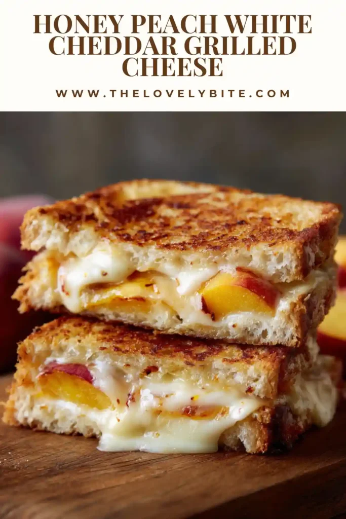 Gourmet grilled cheese made with white cheddar, honey, peaches, and sourdough bread.