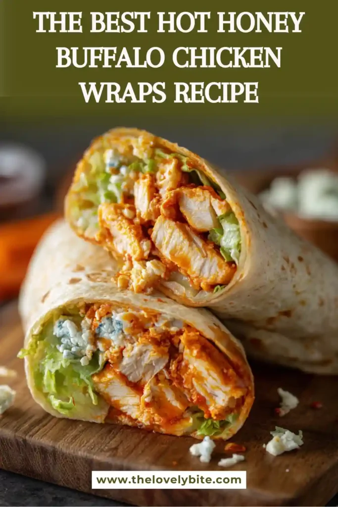 Close-up of Hot Honey Buffalo Chicken Wraps filled with crunchy baked chicken, fresh romaine lettuce, creamy ranch dressing, and tangy blue cheese. This easy chicken wrap recipe is both hearty and satisfying.