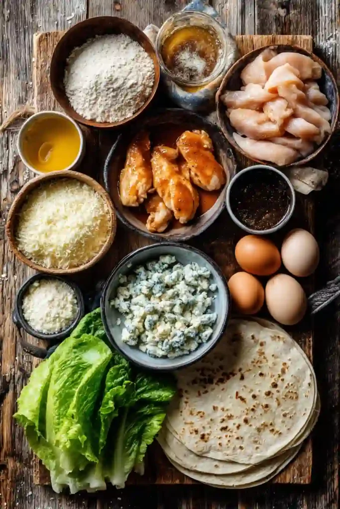 Golden crispy chicken tenders coated in hot honey buffalo sauce wrapped in a soft tortilla with lettuce, blue cheese, and ranch dressing. A flavorful homemade buffalo chicken wrap perfect for lunch or dinner.