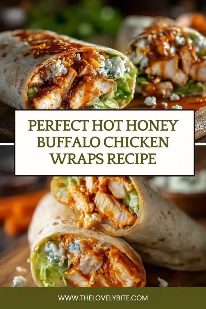 Homemade Hot Honey Buffalo Chicken Wraps served with extra buffalo sauce and ranch dressing. Crispy chicken and fresh vegetables create a delicious and balanced meal.