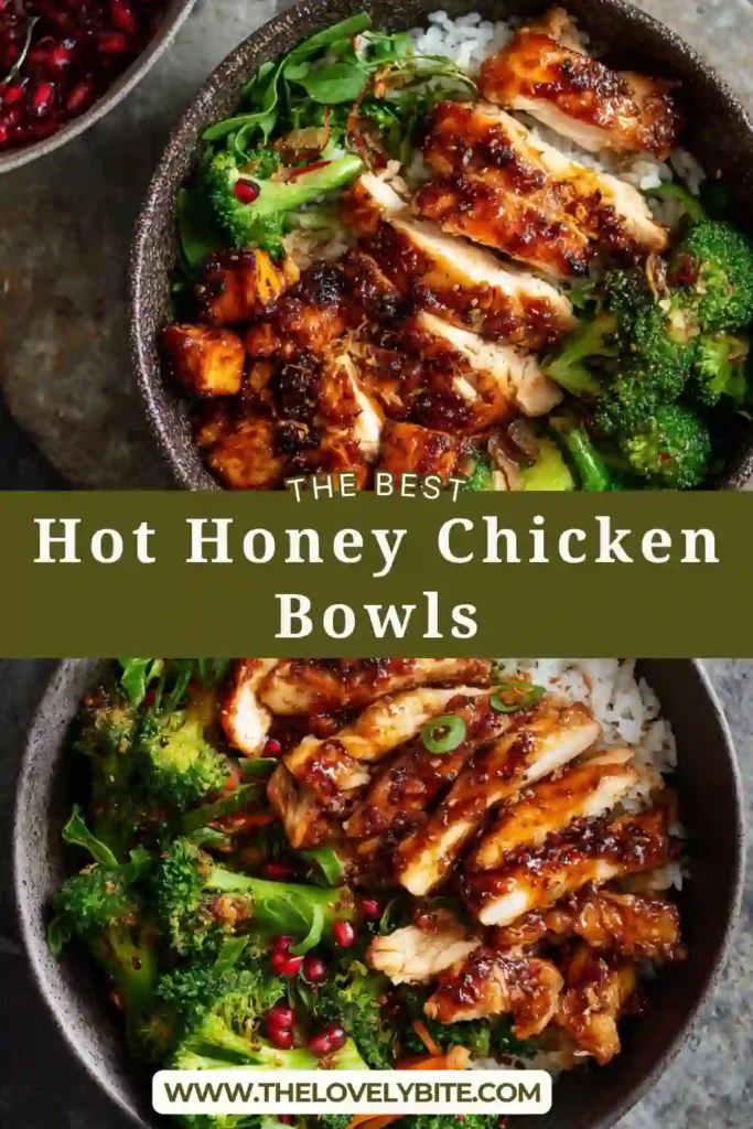 Roasted chicken thighs served with sweet potatoes and broccoli in a Hot Honey Chicken Bowl. A flavorful meal prep recipe featuring sweet and spicy flavors.