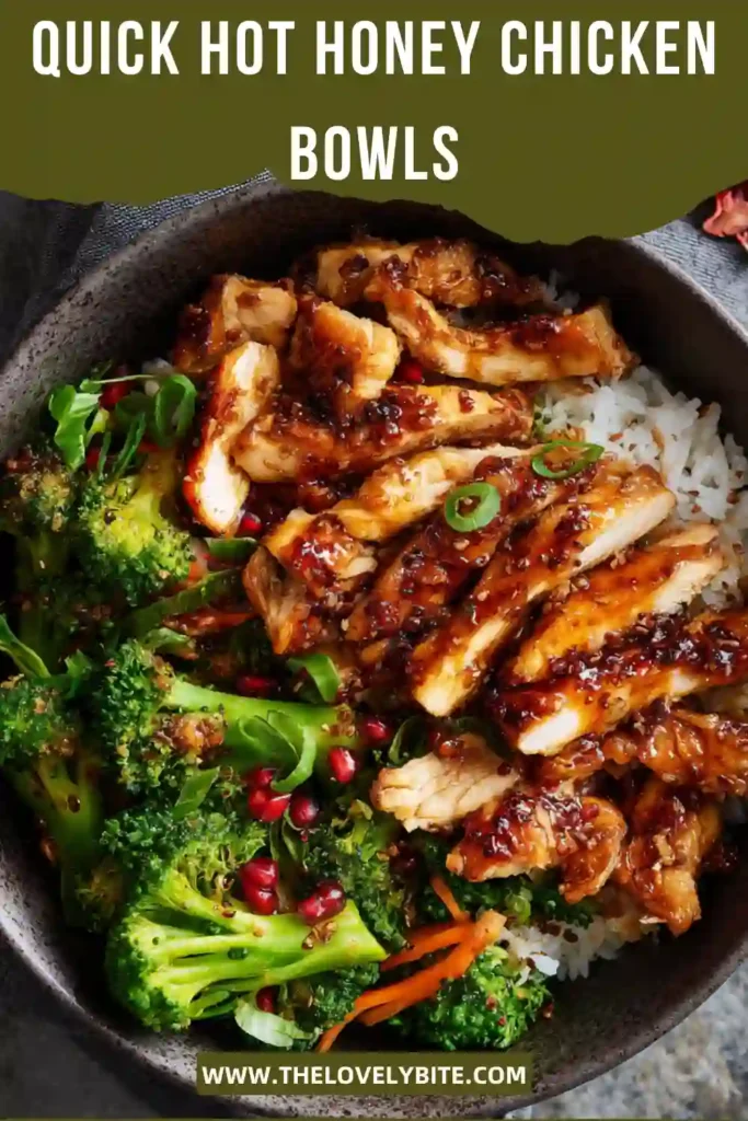 Close-up of a Hot Honey Chicken Bowl filled with juicy chicken, roasted vegetables, and hot honey sauce. A wholesome sheet pan dinner perfect for busy weeknights.
