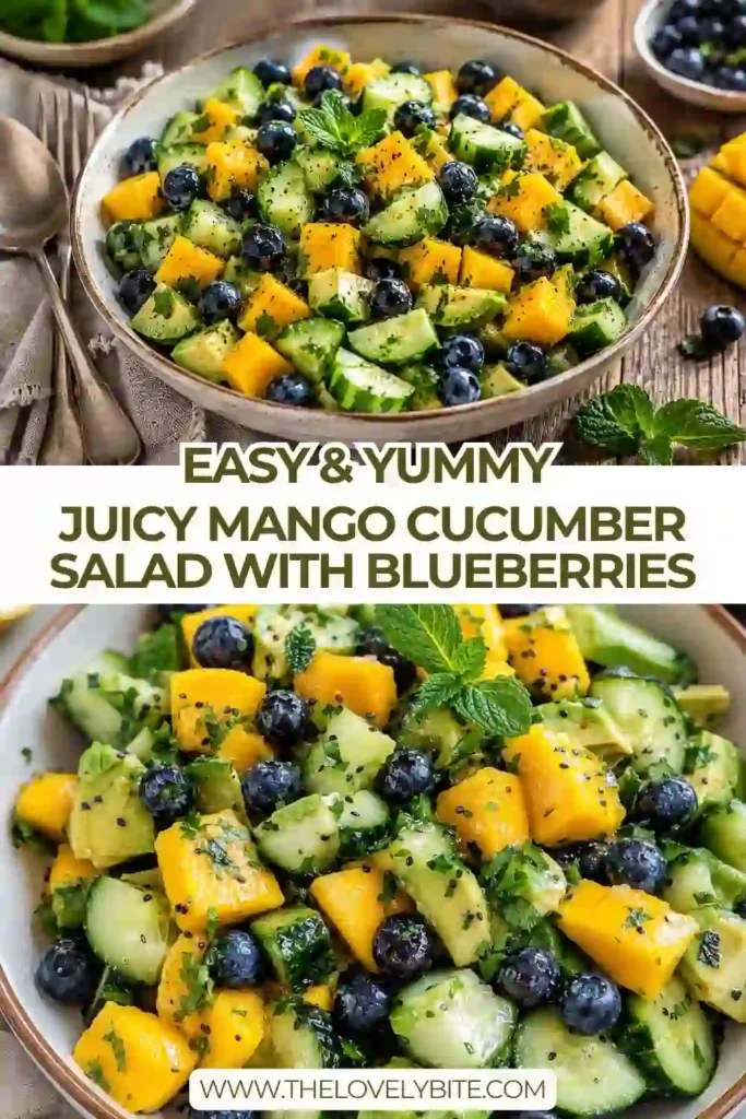 A colorful bowl of Juicy Mango Cucumber Salad with Blueberries featuring ripe mango cubes, fresh blueberries, diced cucumber, and creamy avocado. The vibrant ingredients are tossed in a fresh lime dressing and garnished with cilantro.