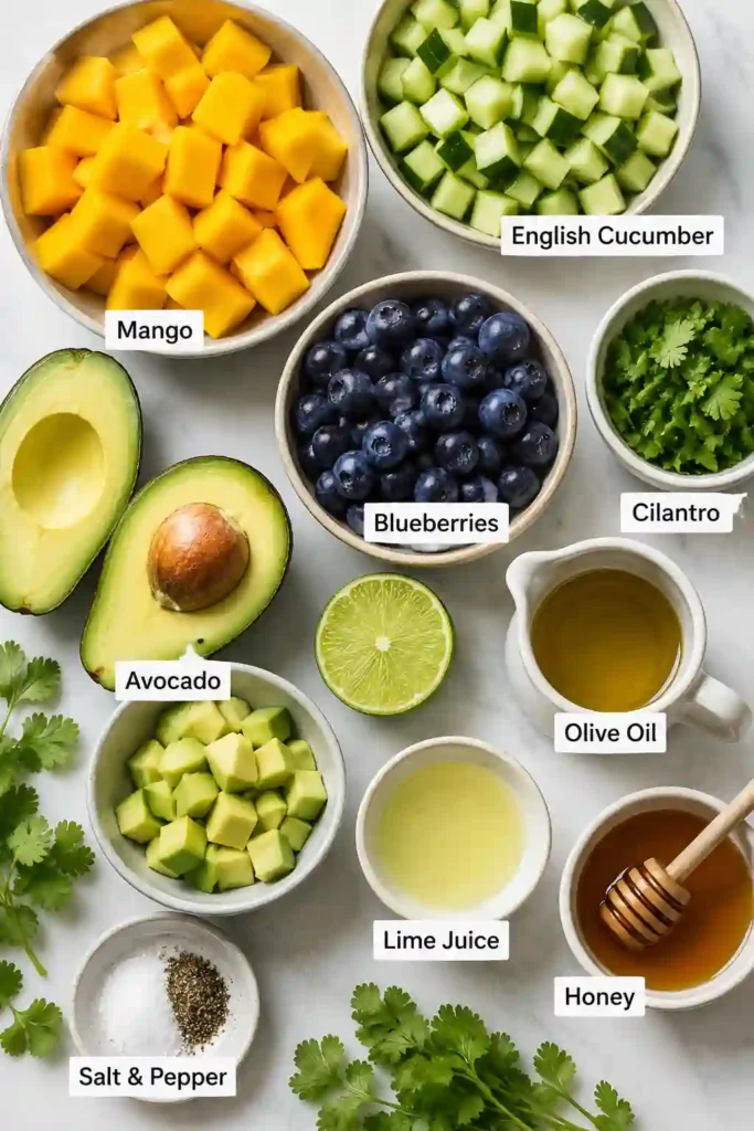 Freshly prepared Juicy Mango Cucumber Salad with Blueberries garnished with chopped cilantro and dressed with lime vinaigrette. A colorful and healthy summer recipe.