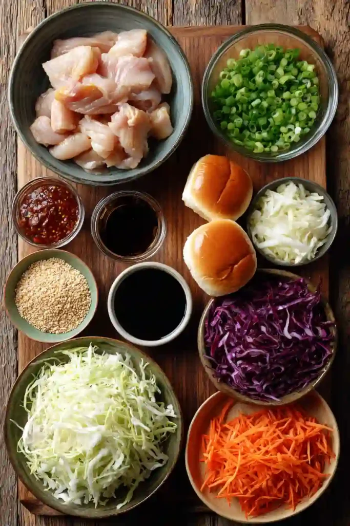 A Korean BBQ Chicken Sandwich served on a toasted brioche bun with juicy glazed chicken and colorful cabbage slaw. The sandwich features sweet and spicy gochujang flavors and fresh crunchy vegetables.
