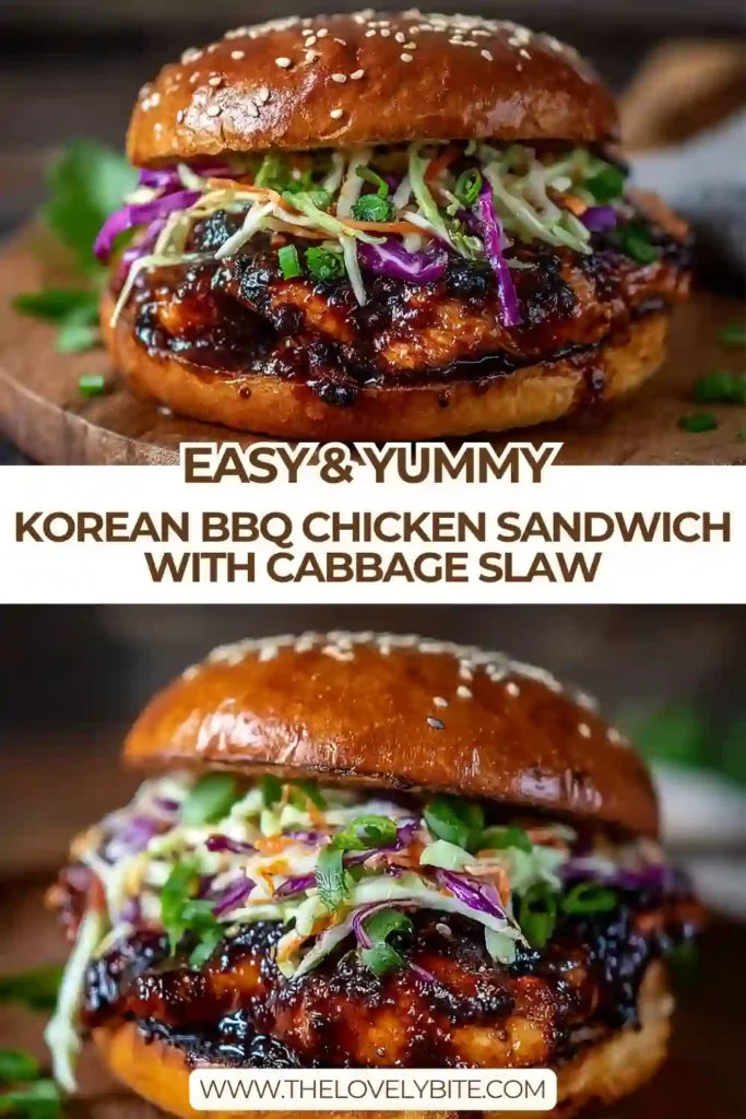 Close-up of a homemade Korean chicken sandwich filled with tender grilled chicken and vibrant cabbage slaw. Toasted buns complete this easy Korean-inspired meal.