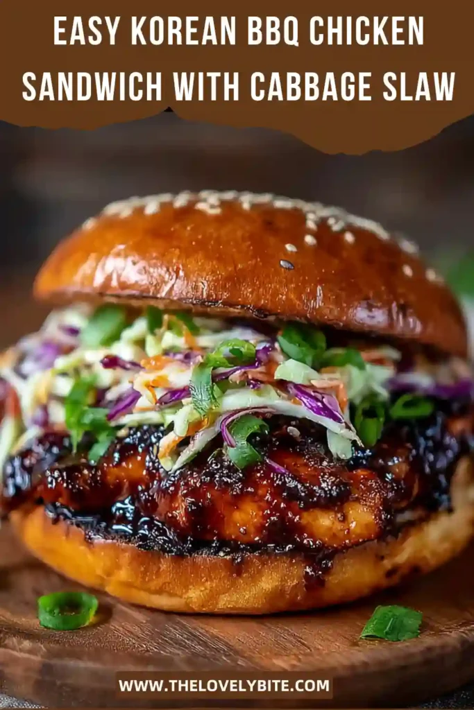 Fresh Korean BBQ Chicken Sandwich layered with sliced chicken, red and green cabbage slaw, and spicy sauce. Served warm on a soft brioche bun.