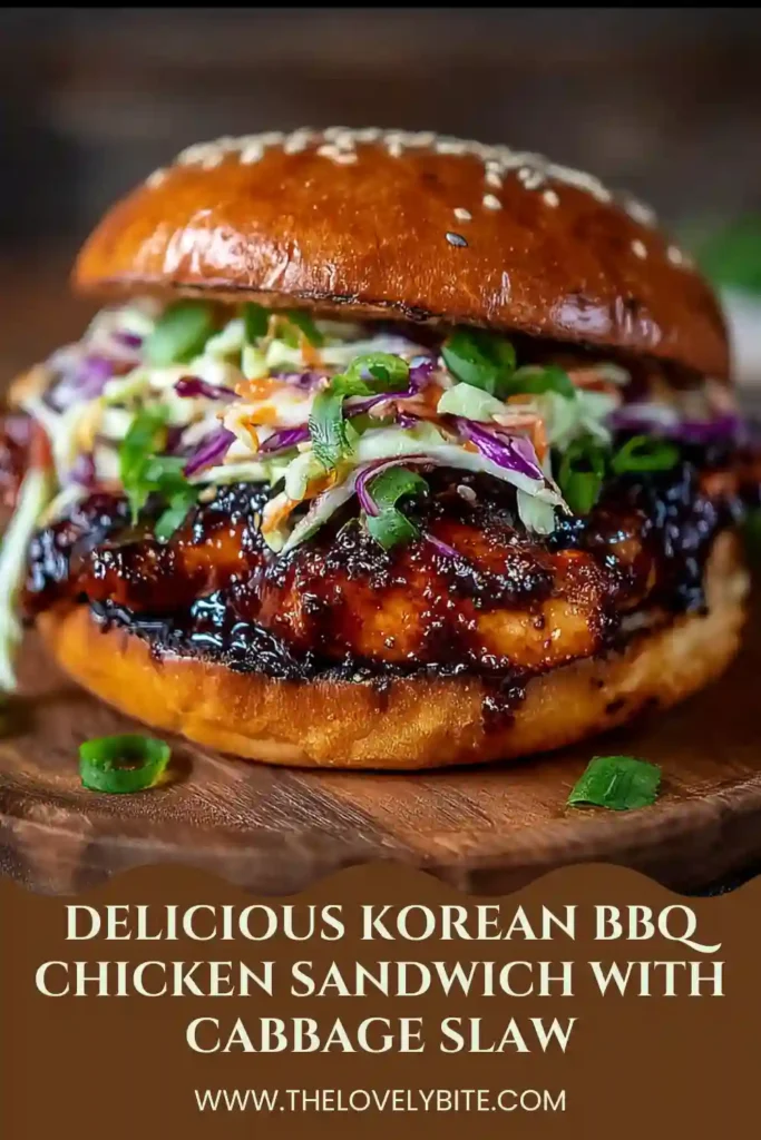 Restaurant-style Korean BBQ Chicken Sandwich featuring glazed chicken thighs and homemade cabbage slaw. Served on a toasted sandwich bun with extra sauce.