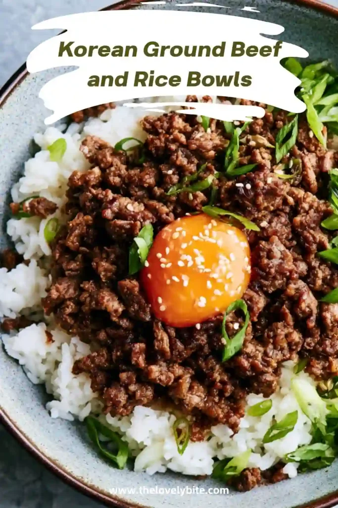 Flavorful Korean beef rice bowls featuring seasoned ground beef over steamed rice. Garnished with sesame seeds and sliced green onions for a delicious finishing touch.