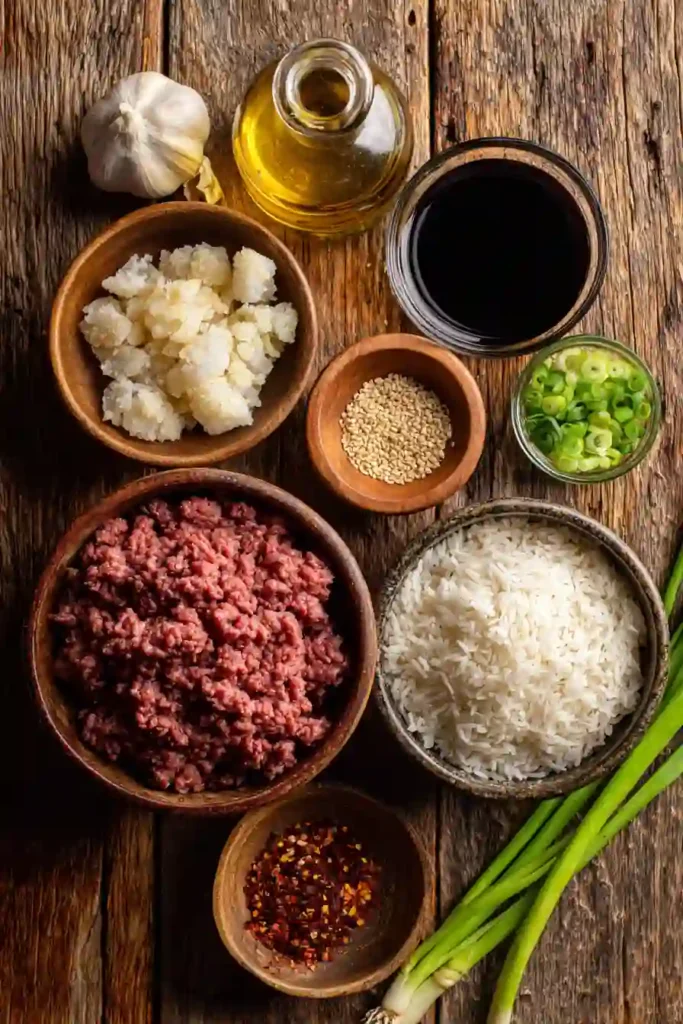 A bowl of Korean Ground Beef and Rice Bowls topped with green onions and sesame seeds. The savory ground beef is coated in a glossy Korean-inspired sauce and served over fluffy rice.