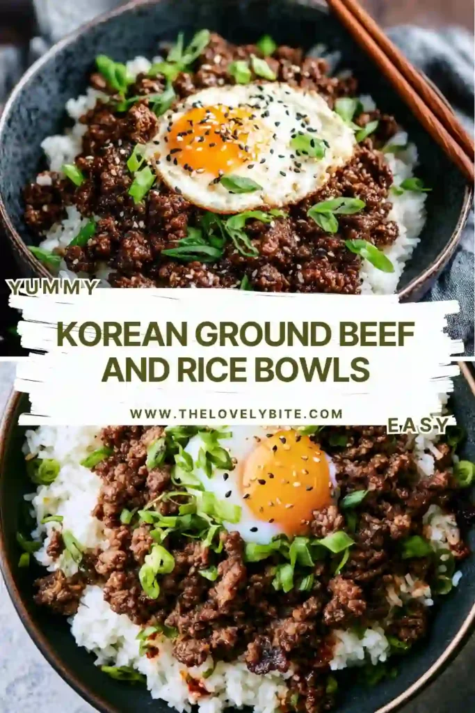 Homemade Korean Ground Beef and Rice Bowls prepared with garlic, soy sauce, and sesame oil. Served fresh with rice and colorful garnishes.