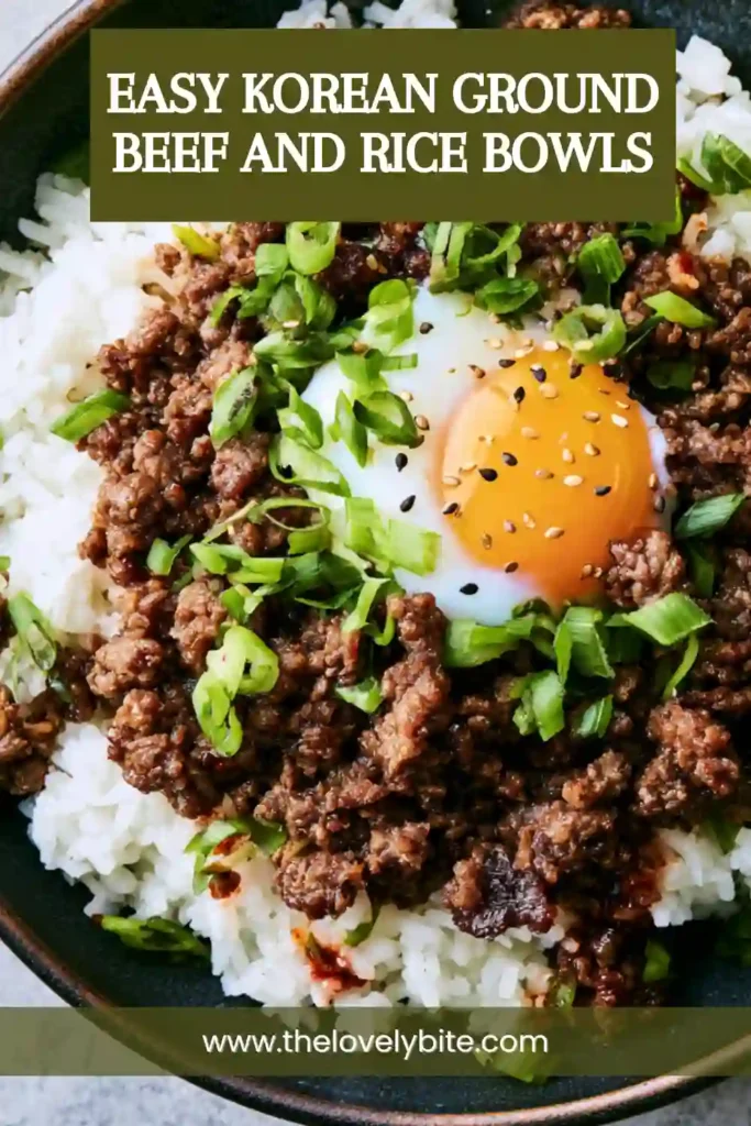 Close-up view of Korean Ground Beef and Rice Bowls featuring juicy beef crumbles and fluffy rice. Finished with sesame seeds and fresh green onions.