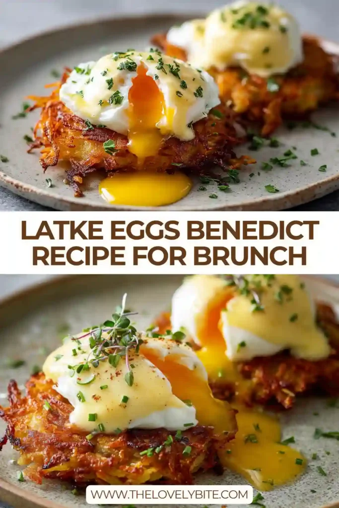 A plated Latke Eggs Benedict topped with smoked salmon, poached eggs, and creamy hollandaise sauce. Fresh chives and red onion add color and flavor to this elegant brunch dish.