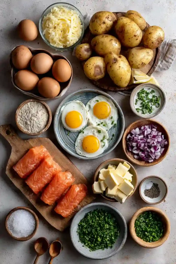 Homemade Latke Eggs Benedict arranged for brunch with golden potato pancakes and silky hollandaise sauce. A flavorful breakfast dish topped with smoked salmon and fresh herbs.