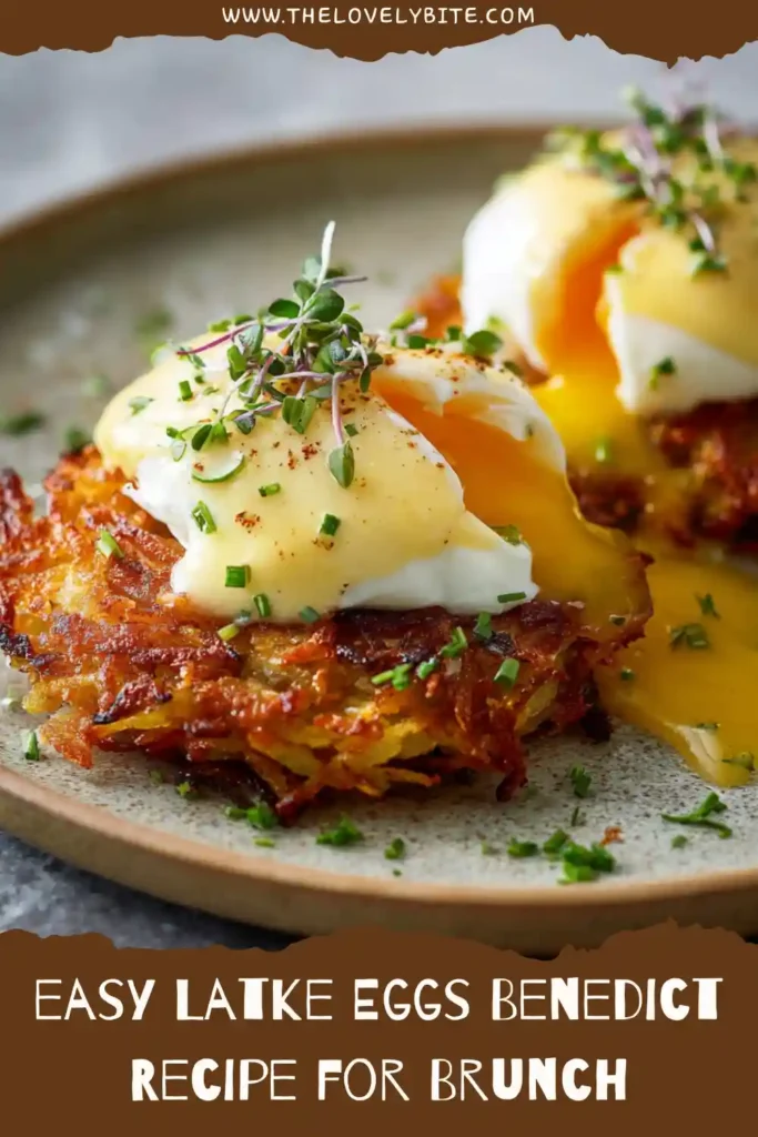 Close-up of crispy potato latkes layered with smoked salmon and perfectly poached eggs. Creamy hollandaise cascades over the top for a restaurant-quality presentation.