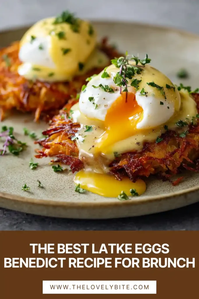 Freshly prepared Latke Eggs Benedict served on a white plate with chopped chives and red onion garnish. The golden latkes create a delicious twist on traditional eggs benedict.