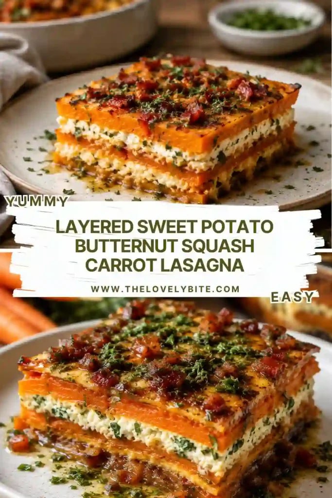 Freshly baked Layered Sweet Potato Butternut Squash Carrot Lasagna sliced into neat portions with creamy ricotta and marinara sauce between tender vegetables. A wholesome homemade comfort food recipe.